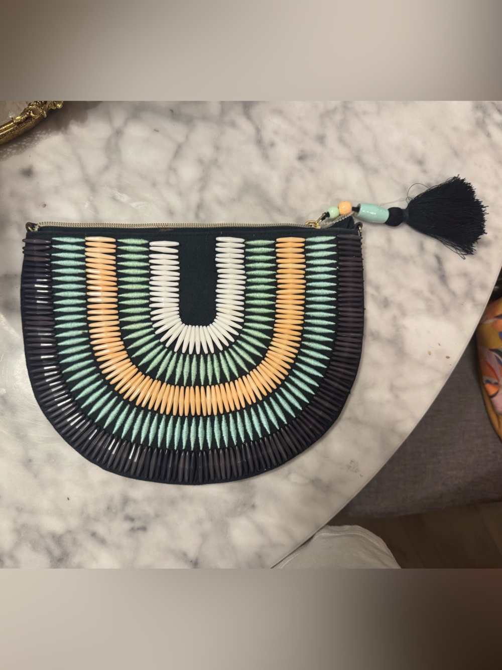 Stella & Dot Navy Semi-Circle Clutch with Mint, Peach & White Accents